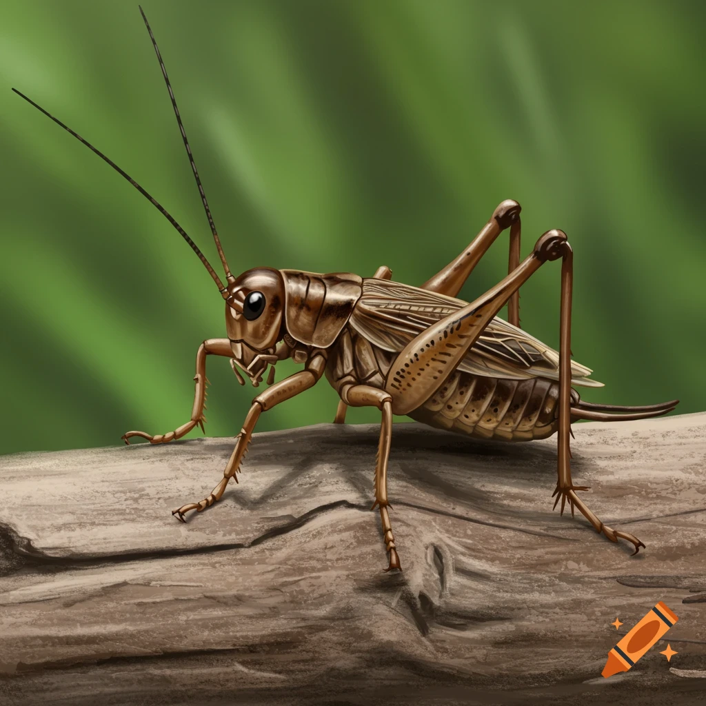 A brown cricket sits on a piece of wood against a green background.