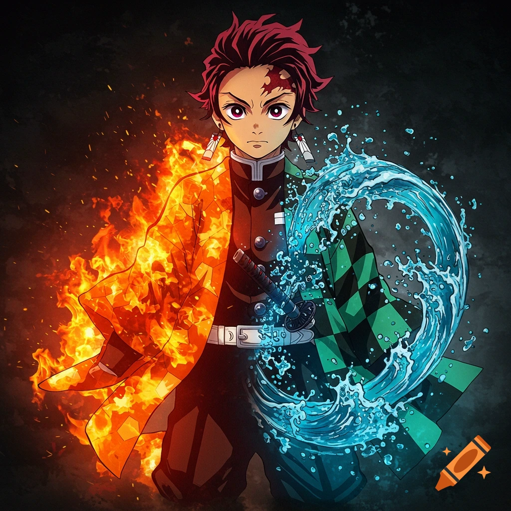 Anime character Tanjiro with fire on his left side and water on his right.