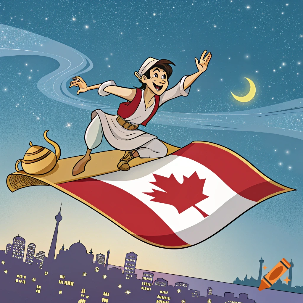 Cartoon character riding a flying carpet designed like the Canadian flag over a city at night.
