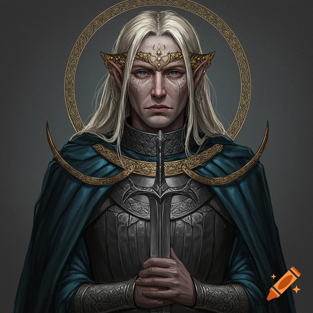 Portrait of a fantasy character with long blonde hair, wearing armor and cloak, holding a large sword, with a golden halo.