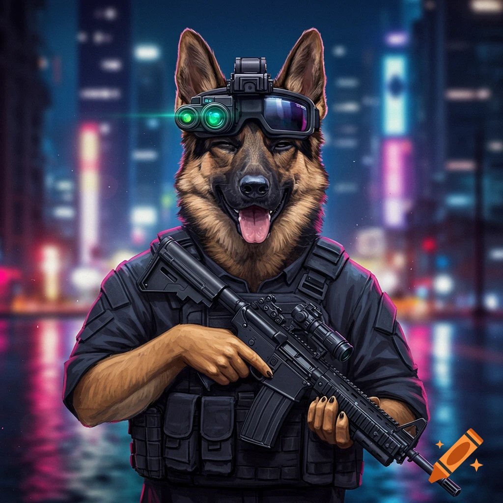 A German Shepherd in tactical gear holds a rifle in a city street at night.