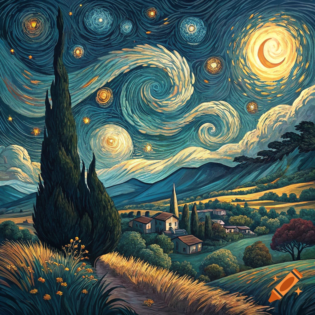 Painting of a landscape with a cypress tree, village, hills, and swirling starry sky in Van Gogh's style.