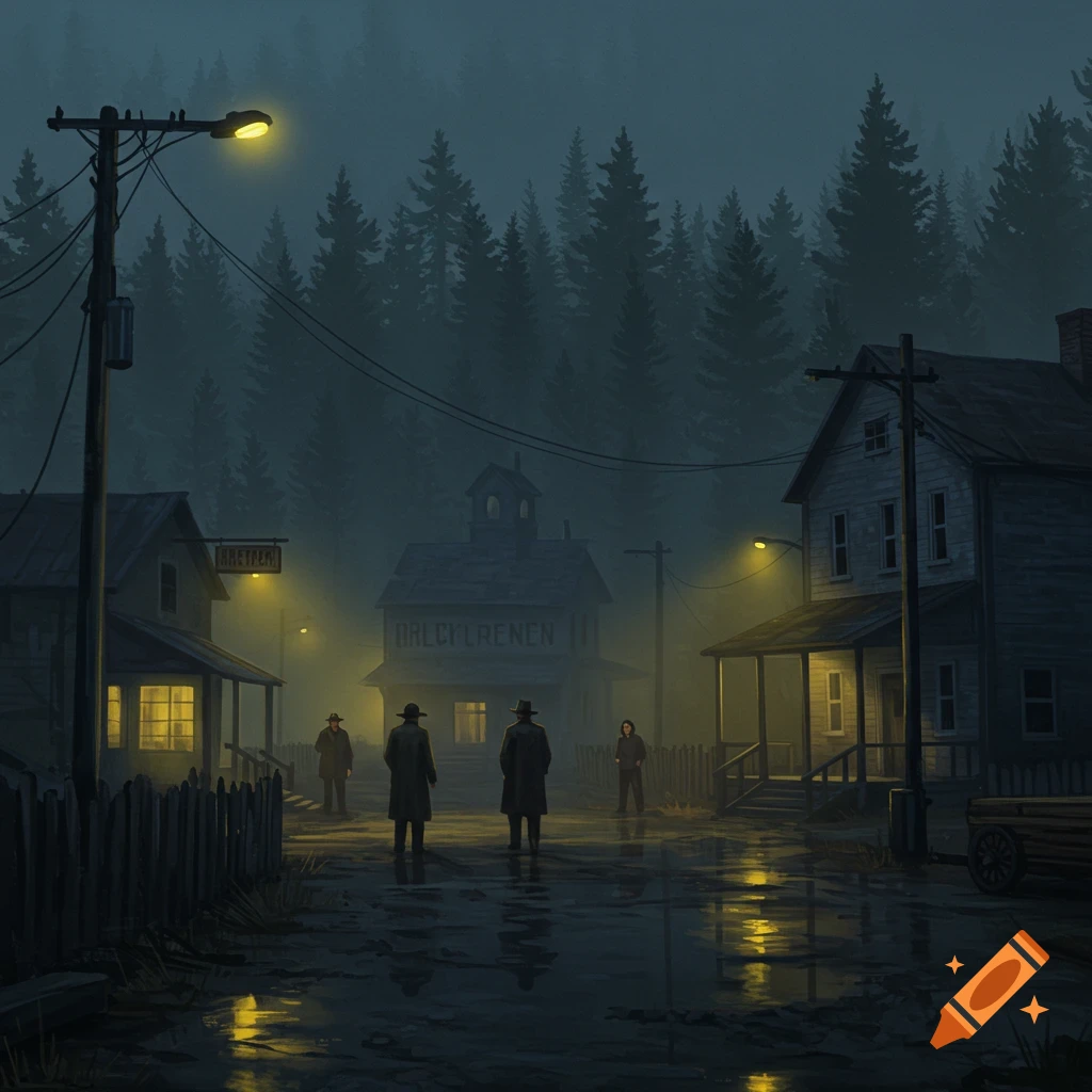 Illustration of men in trench coats in a mysterious, wet town street at night with a forest in the background.