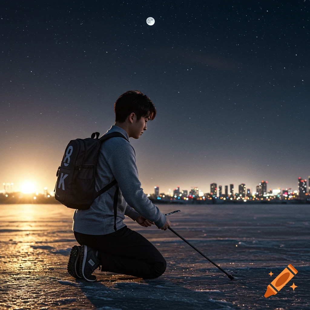 A person kneels on ice at night under a starry sky with a city skyline in the background.