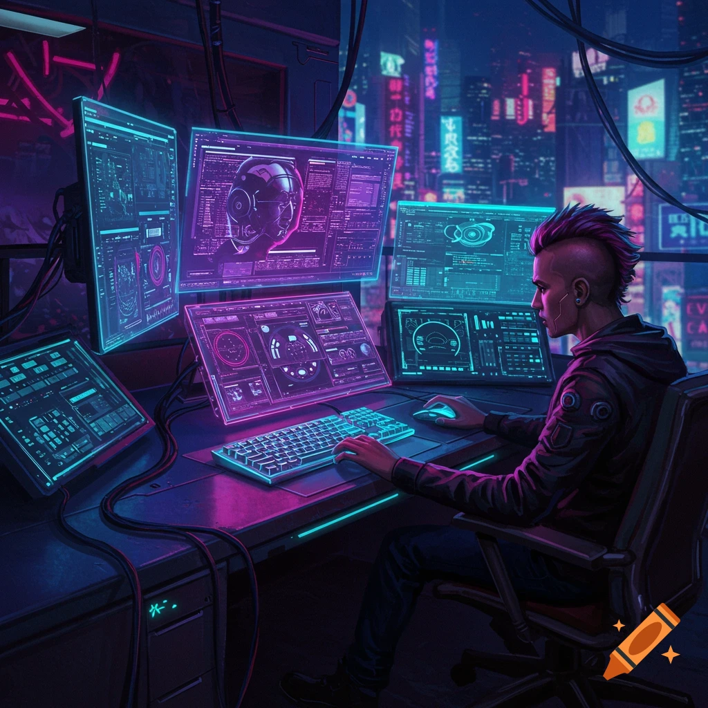 A person with a mohawk works at a computer workstation with multiple screens in a neon cyberpunk city.
