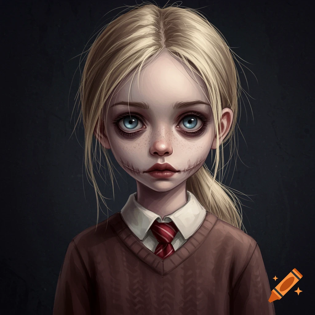 Stylized portrait of a girl with stitched scars on her face, blue eyes, blonde hair, wearing a sweater and tie.