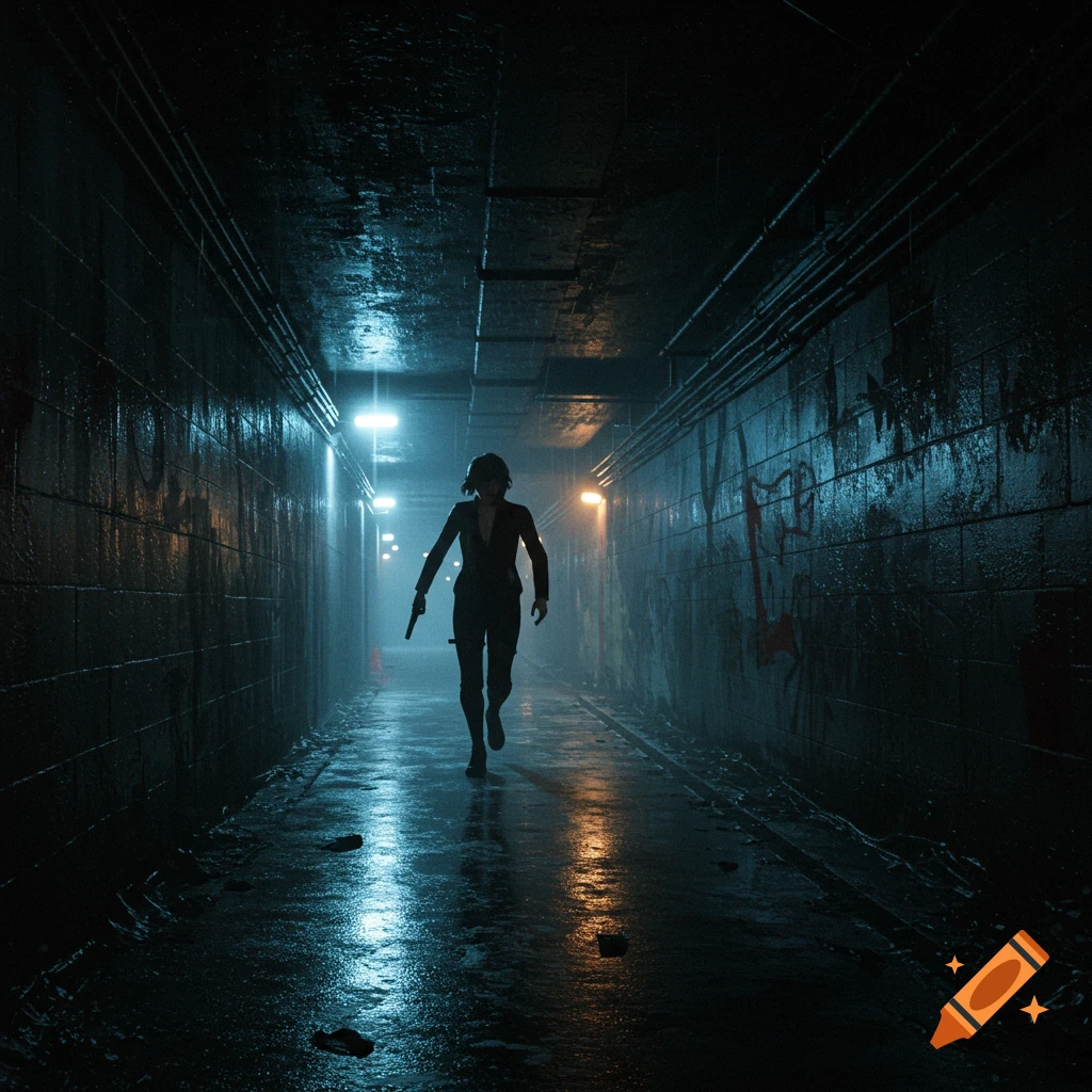 A figure holding a gun walks down a dark, wet tunnel at night.
