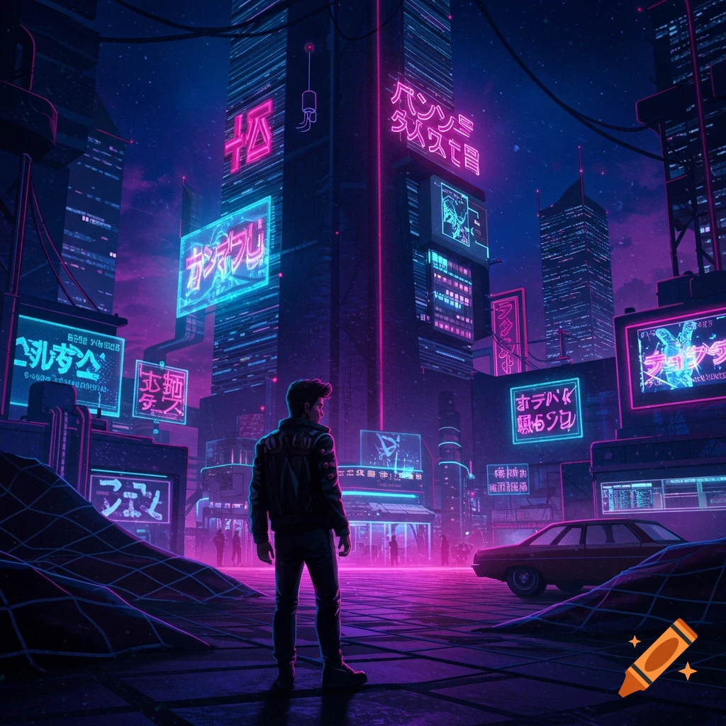 A person looks out at a neon-lit cyberpunk city street at night, with tall buildings and a car.