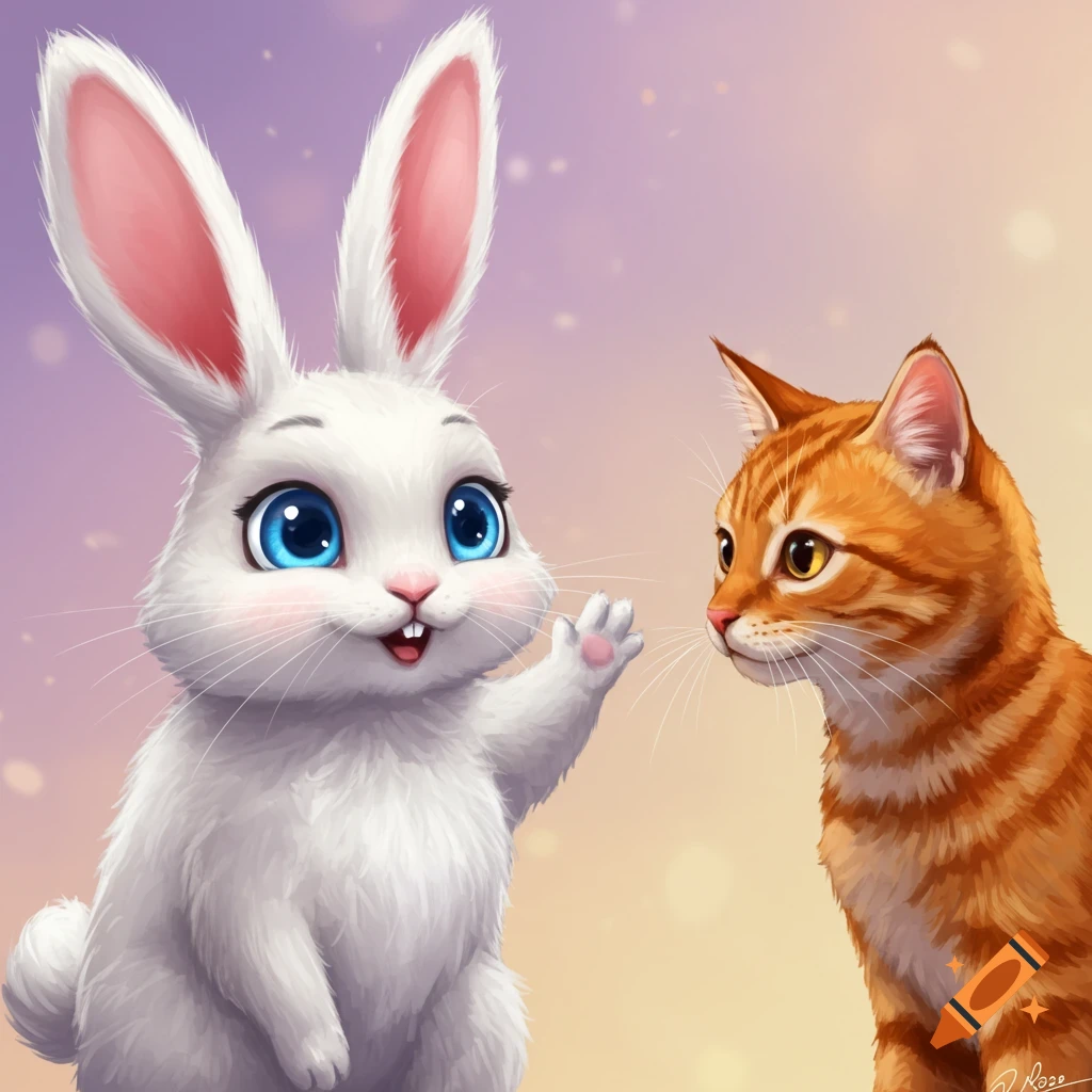 A cute white bunny waves at an orange tabby cat in a digital art style.