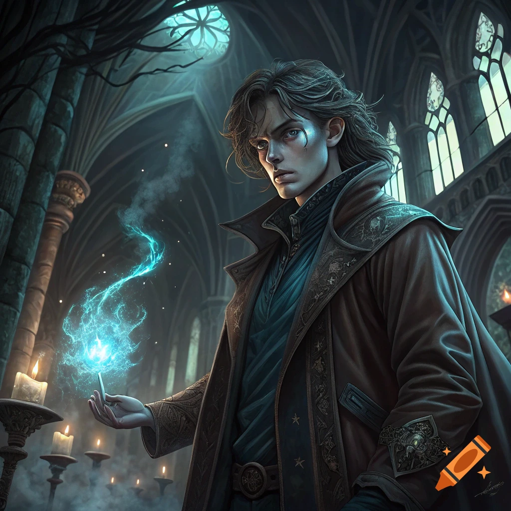 A mystique man casts a blue magic spell in a dark gothic cathedral.