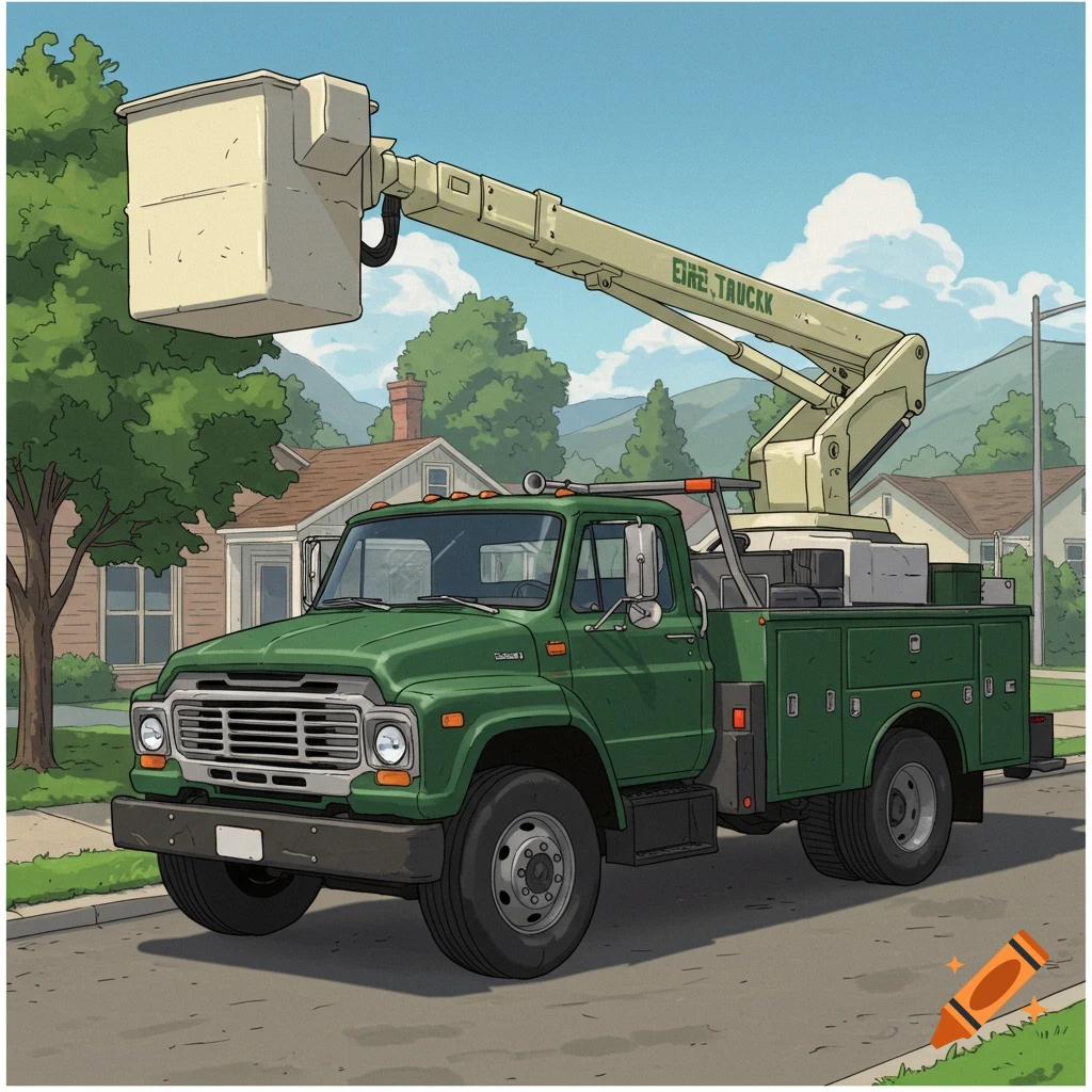 A green bucket truck is parked on a suburban street in a cartoon style illustration.