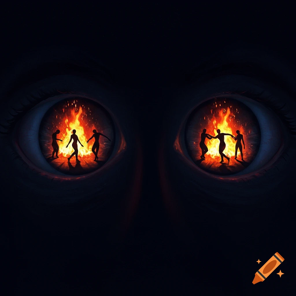 Close-up of eyes with irises containing silhouettes of figures dancing in flames