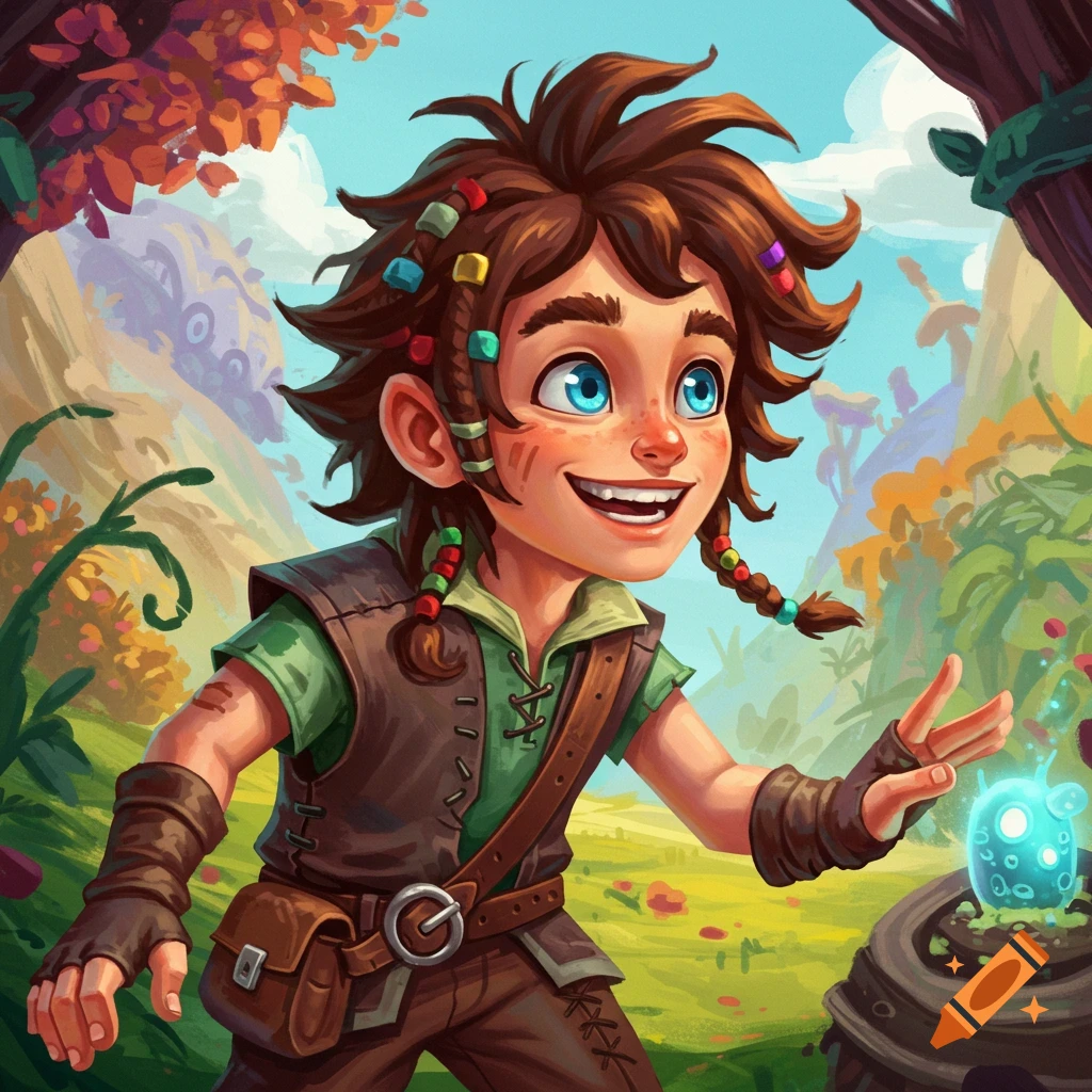 Illustration of a young fantasy hero reaching out to a glowing creature in a forest.
