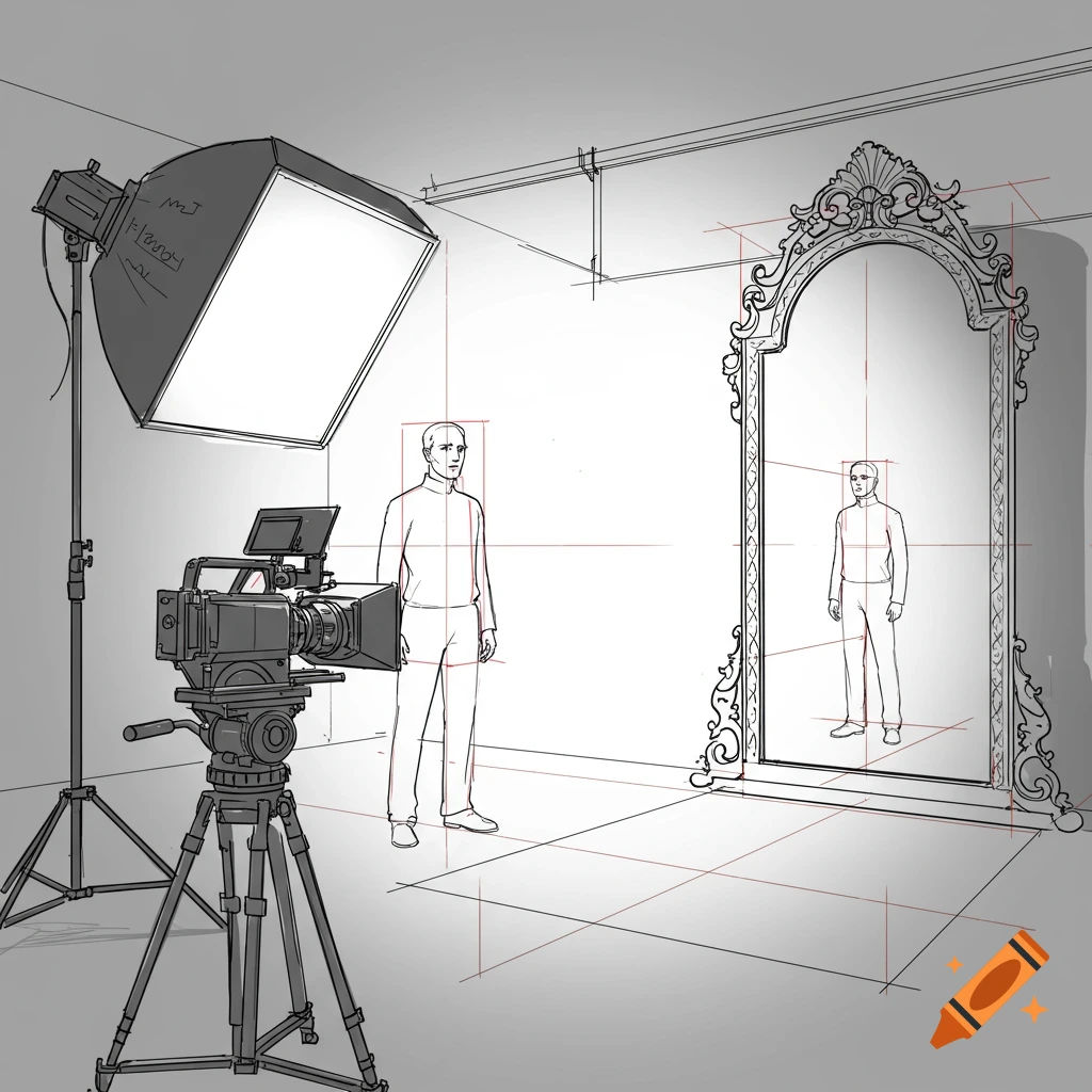 A sketch of a film set setup with a person, camera, light, and mirror, showing perspective lines.