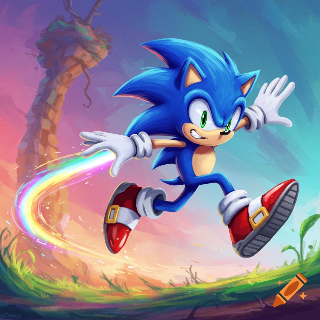 Sonic the Hedgehog runs across grass, leaving a rainbow trail, in a colorful illustration.