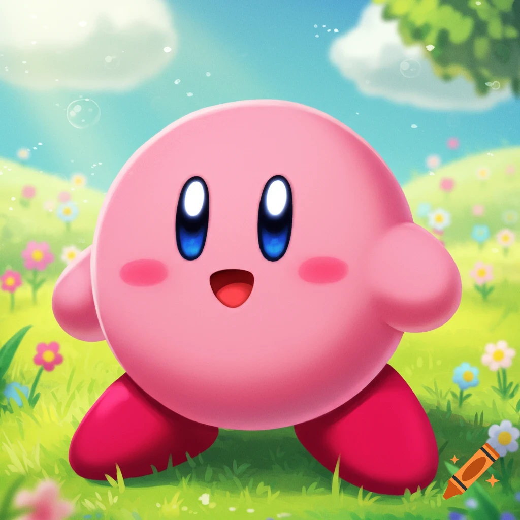 Pink character Kirby in a field of grass and colorful flowers under a blue sky.