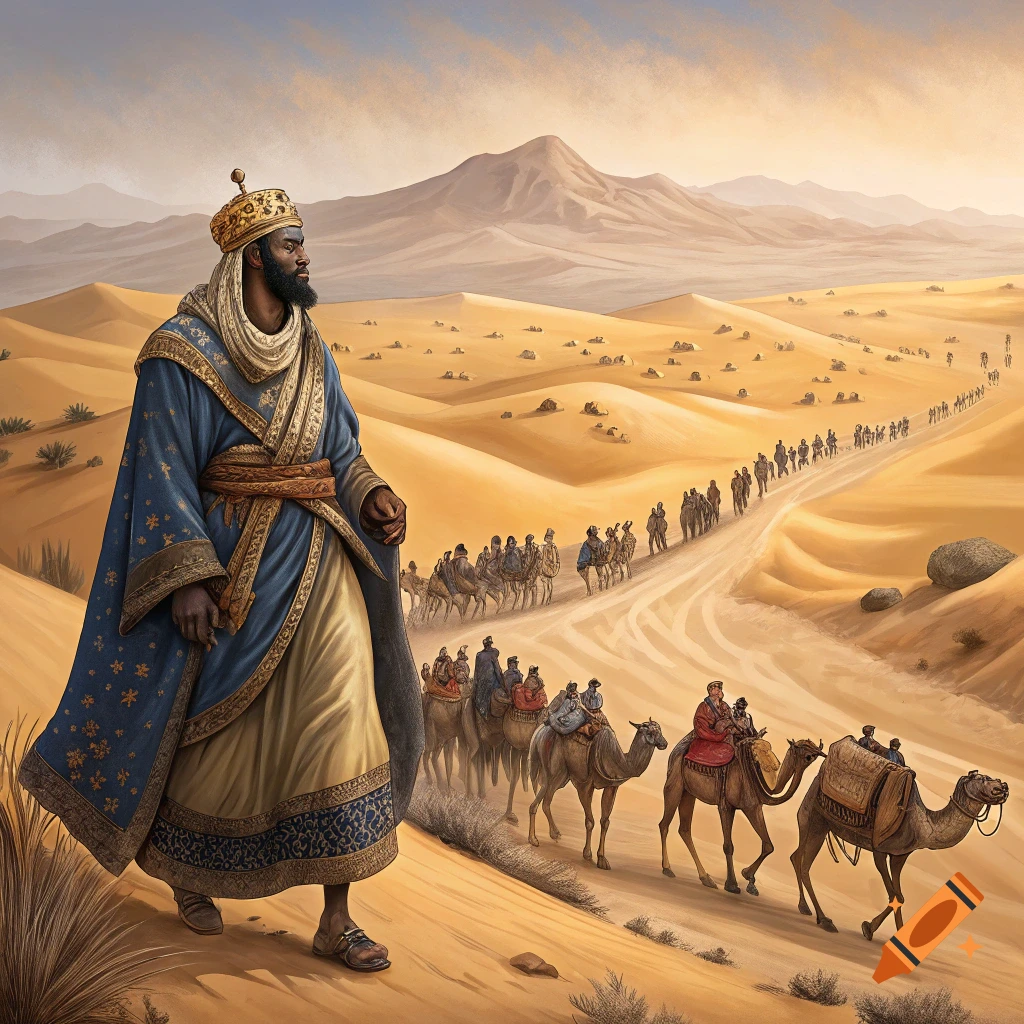 Illustrative depiction of Mansa Musa leading a large camel caravan through a vast desert landscape.