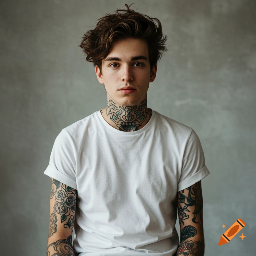 Portrait of a young man with brown hair and extensive neck and arm tattoos wearing a white t-shirt against a grey background.