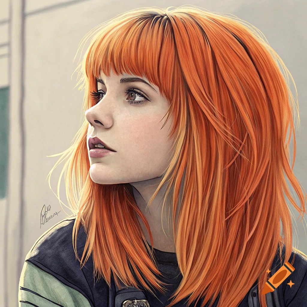 A woman with bright orange hair and bangs looking left.