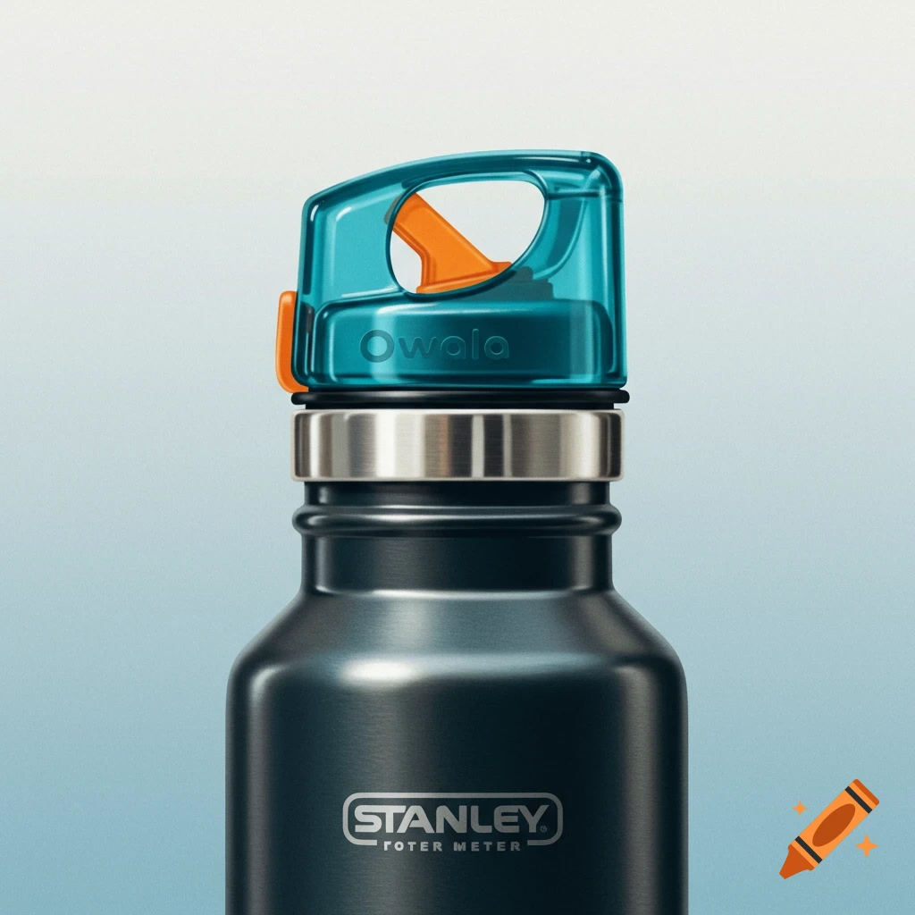 Close-up product photo of a dark metal water bottle with a teal and orange plastic lid.