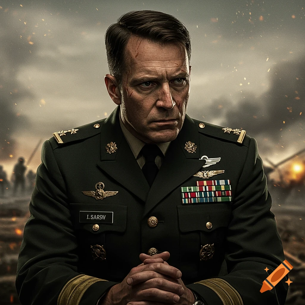 Photorealistic portrait of a serious military officer with scars on his face, in uniform with medals, against a battlefield background.