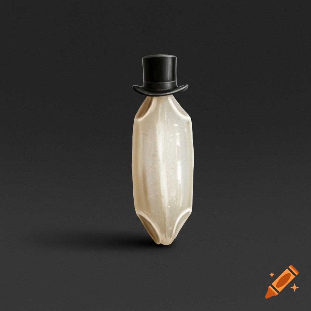 A single grain of rice wearing a black top hat stands on a dark background.