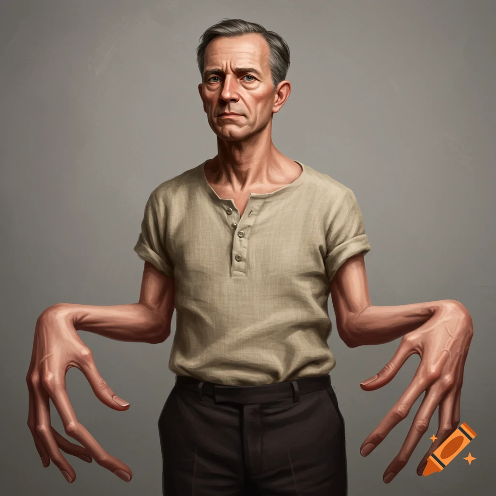 Painterly portrait of a middle-aged man with hands attached at shoulders and very long fingers.