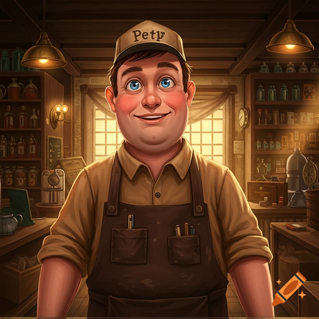 Stylized cartoon shopkeeper in a cap and apron smiling in a shop interior.