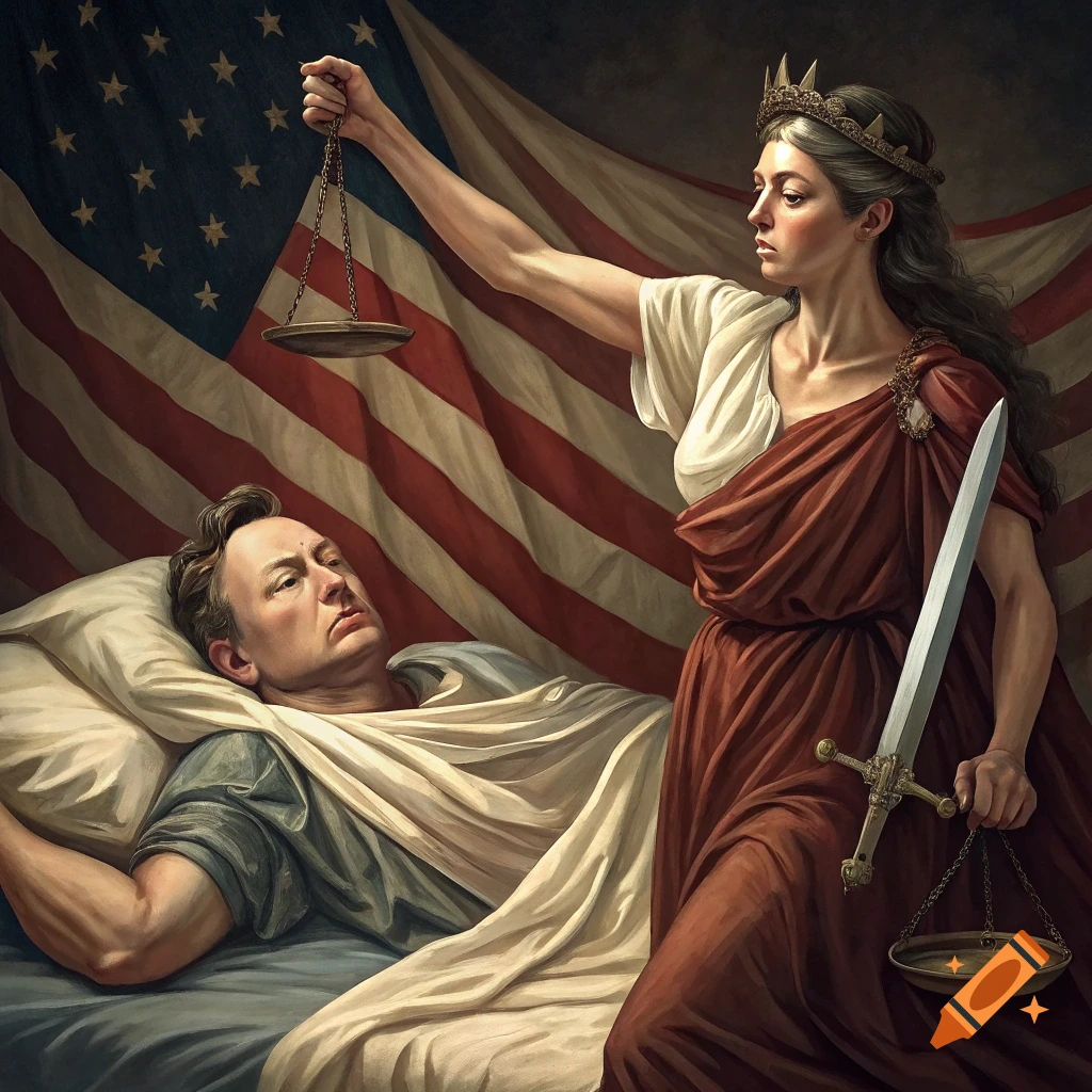 Painting of a figure like Lady Justice holding scales and sword over a man resembling Elon Musk in bed, with an American flag behind them.