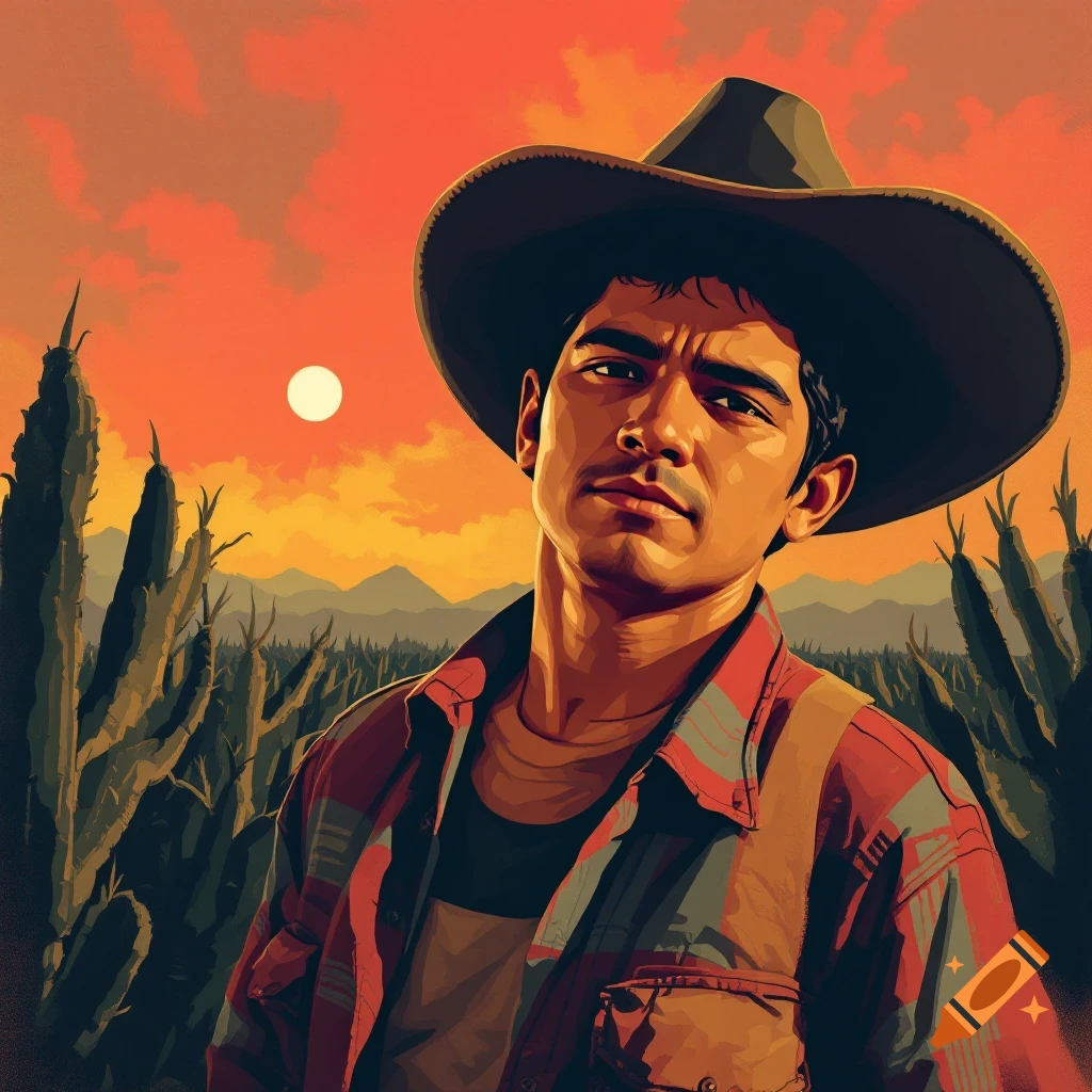 Illustration of a man in a cowboy hat in a desert landscape at sunset.