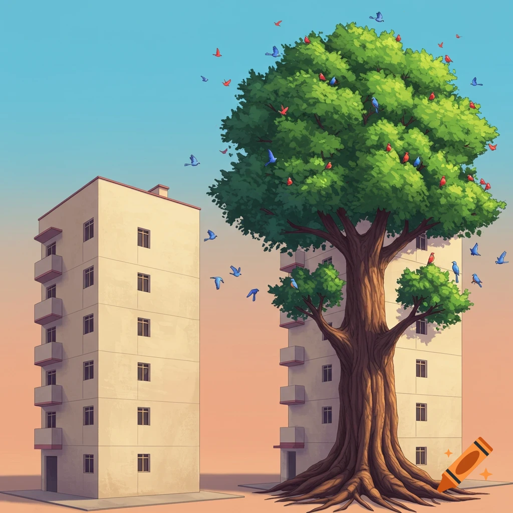 Illustrated image of two buildings, one with a large tree growing through it, surrounded by flying birds.