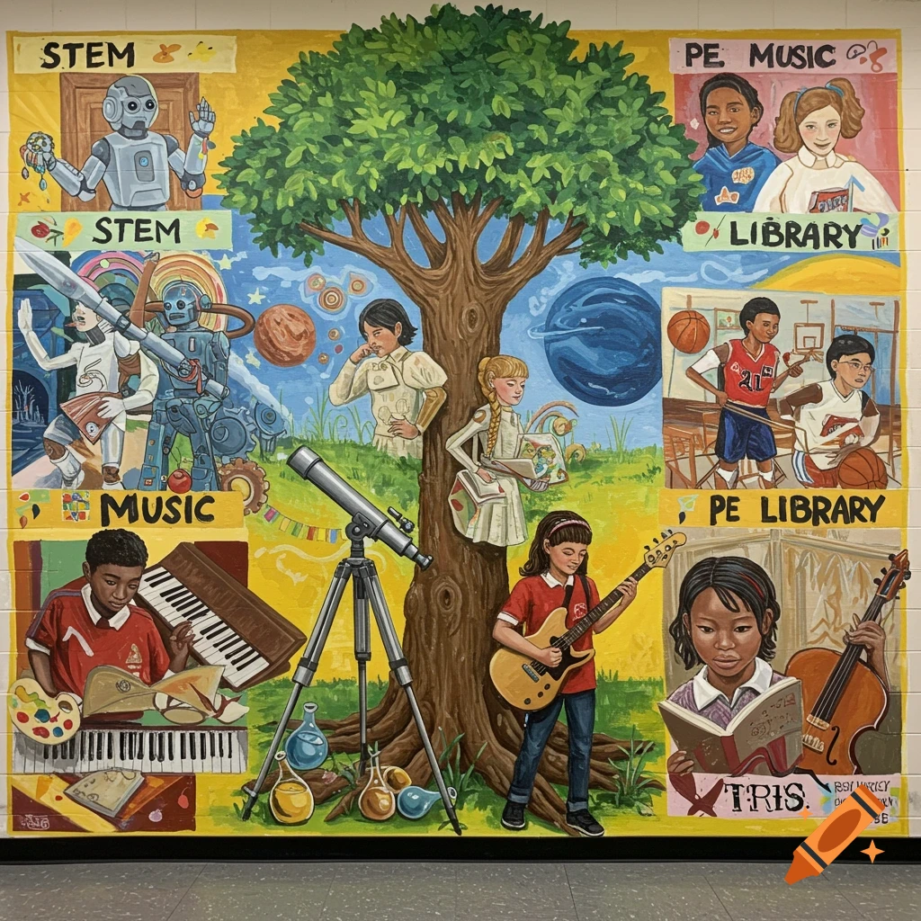 Painted mural depicting children learning STEM, music, PE, and reading around a tree.