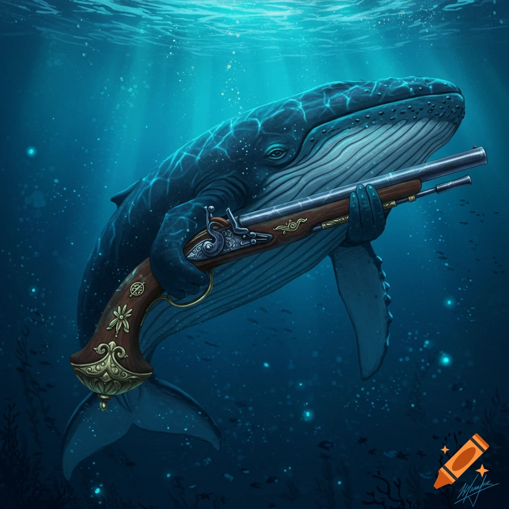 An illustration of a whale swimming underwater holding an antique musket.