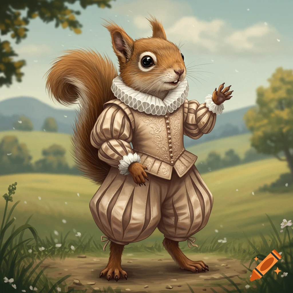A squirrel in an Elizabethan suit and ruff stands in a field.