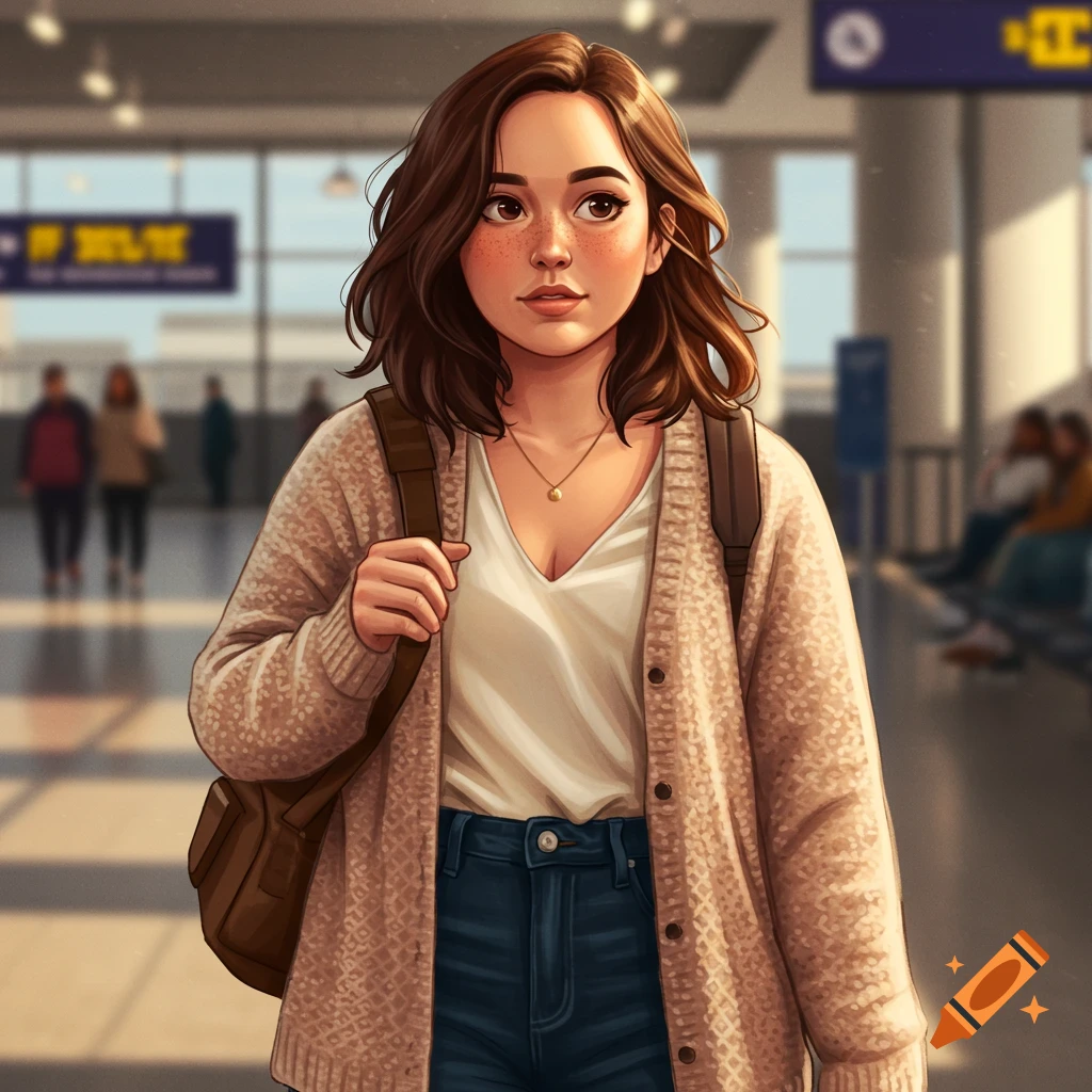 An illustration of a young woman with freckles and a backpack standing in an airport.