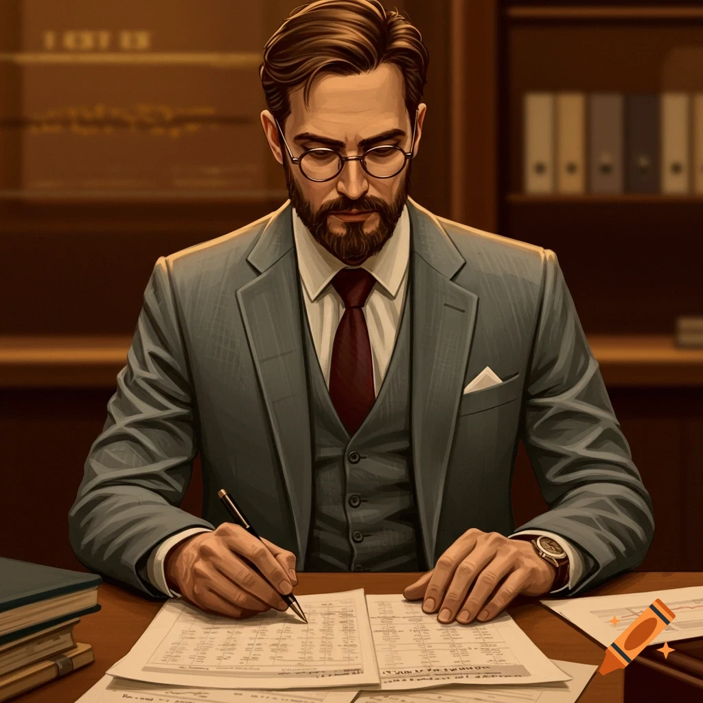 Man in suit and glasses works on papers at a desk, digital art style.