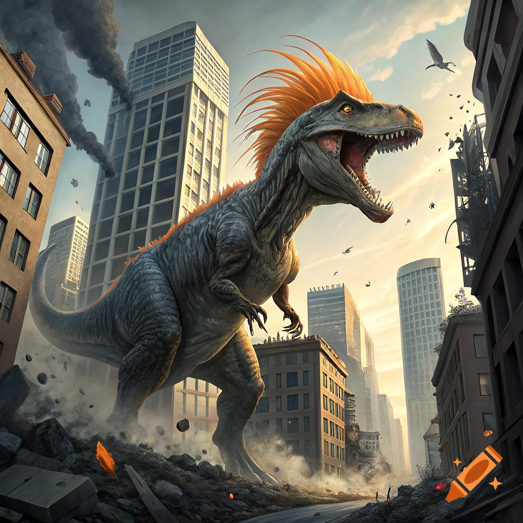 Large dinosaur with orange crest attacks a city, surrounded by destruction and smoke.