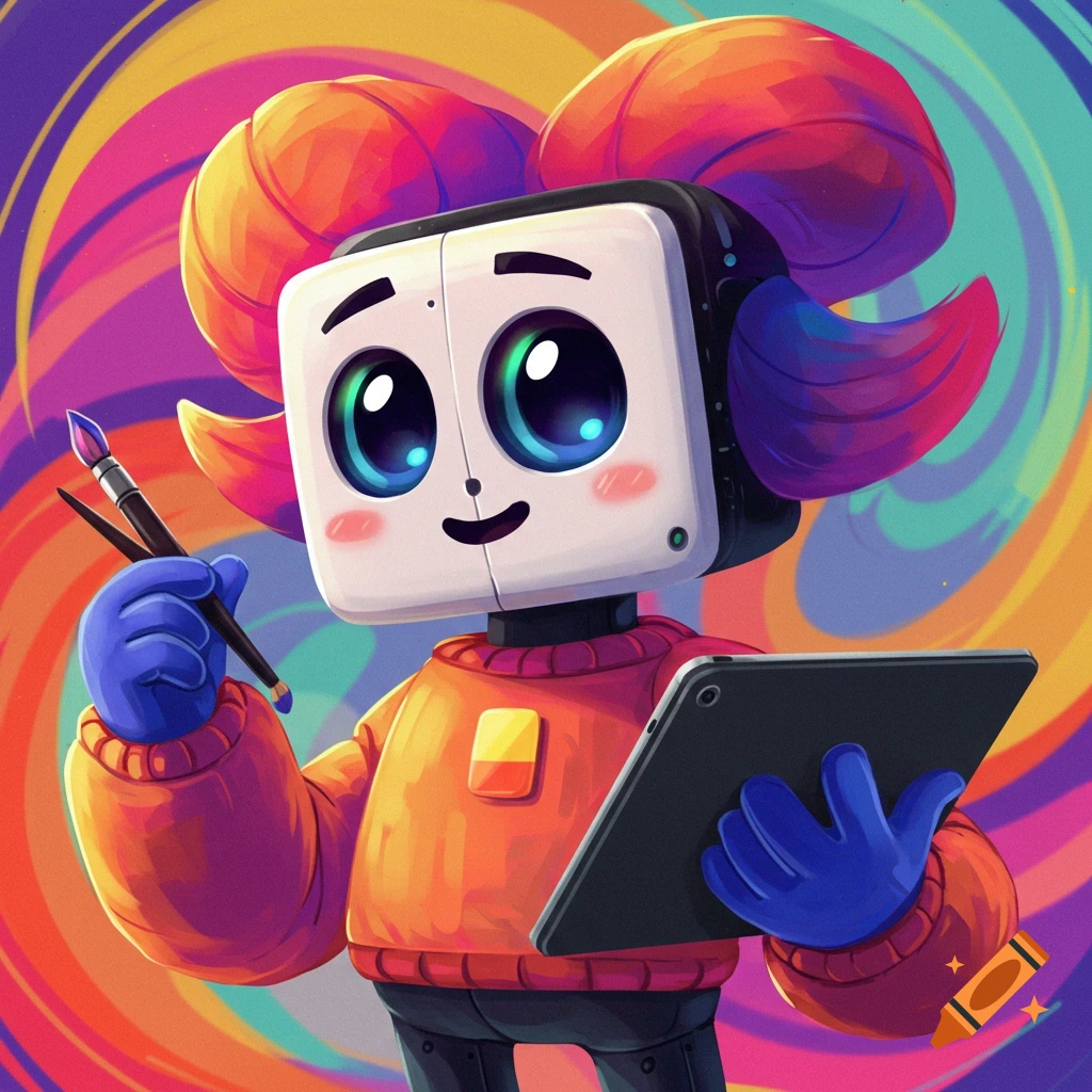A cute cartoon robot character holds a paintbrush and tablet, standing in front of a vibrant, swirling rainbow background.