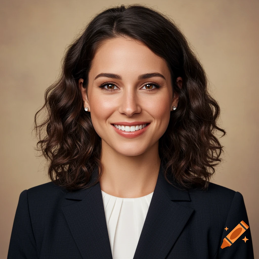 Close-up portrait of a smiling woman in a dark suit and white shirt.