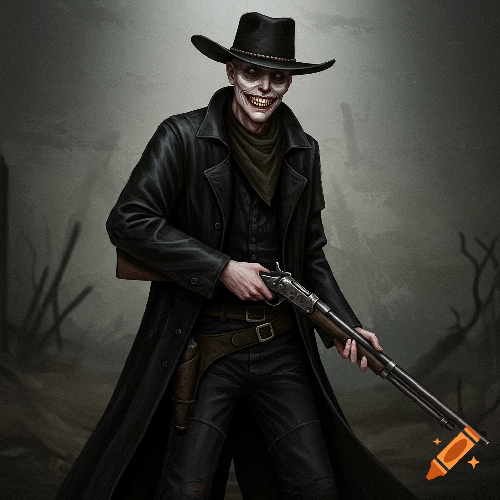 A pale, creepy man dressed as a cowboy in black clothing, holding a rifle and smiling unnaturally.