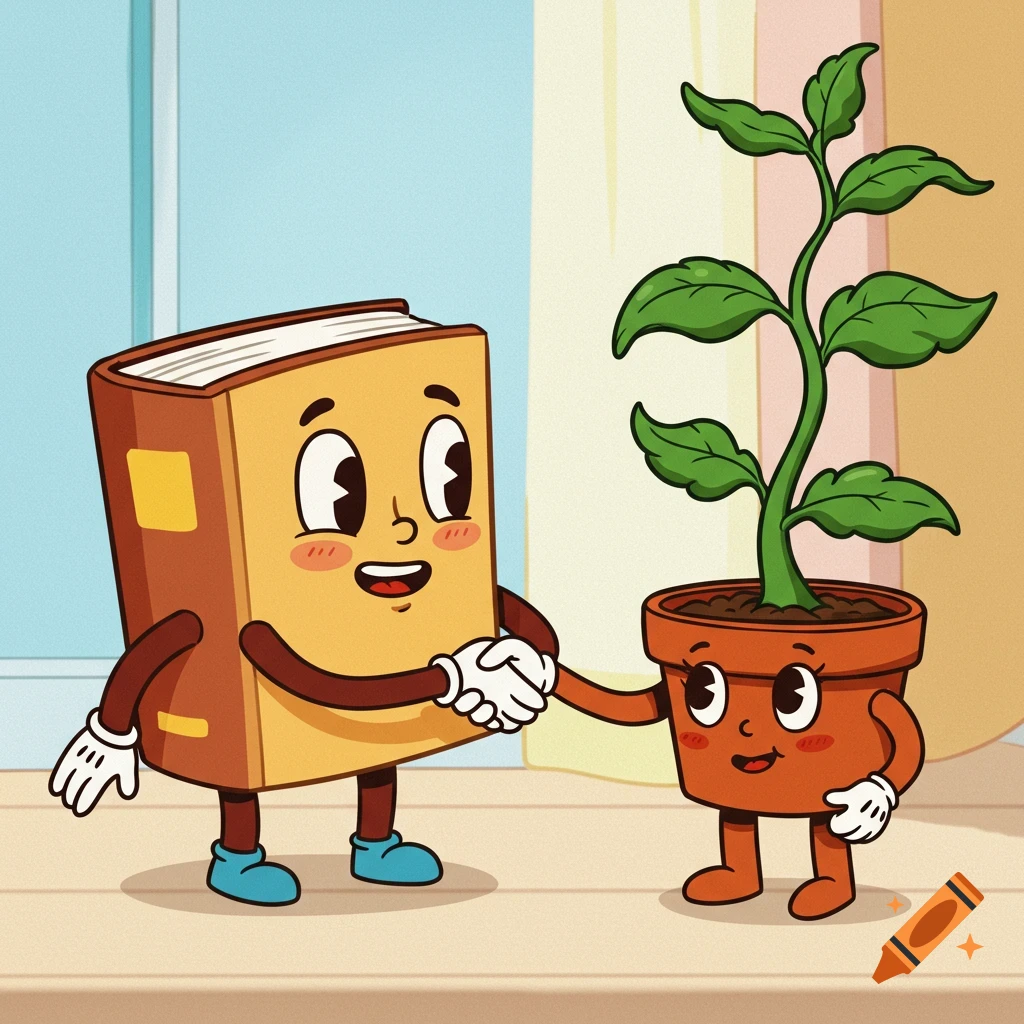 A book character shaking hands with a plant pot character in rubber hose cartoon style.