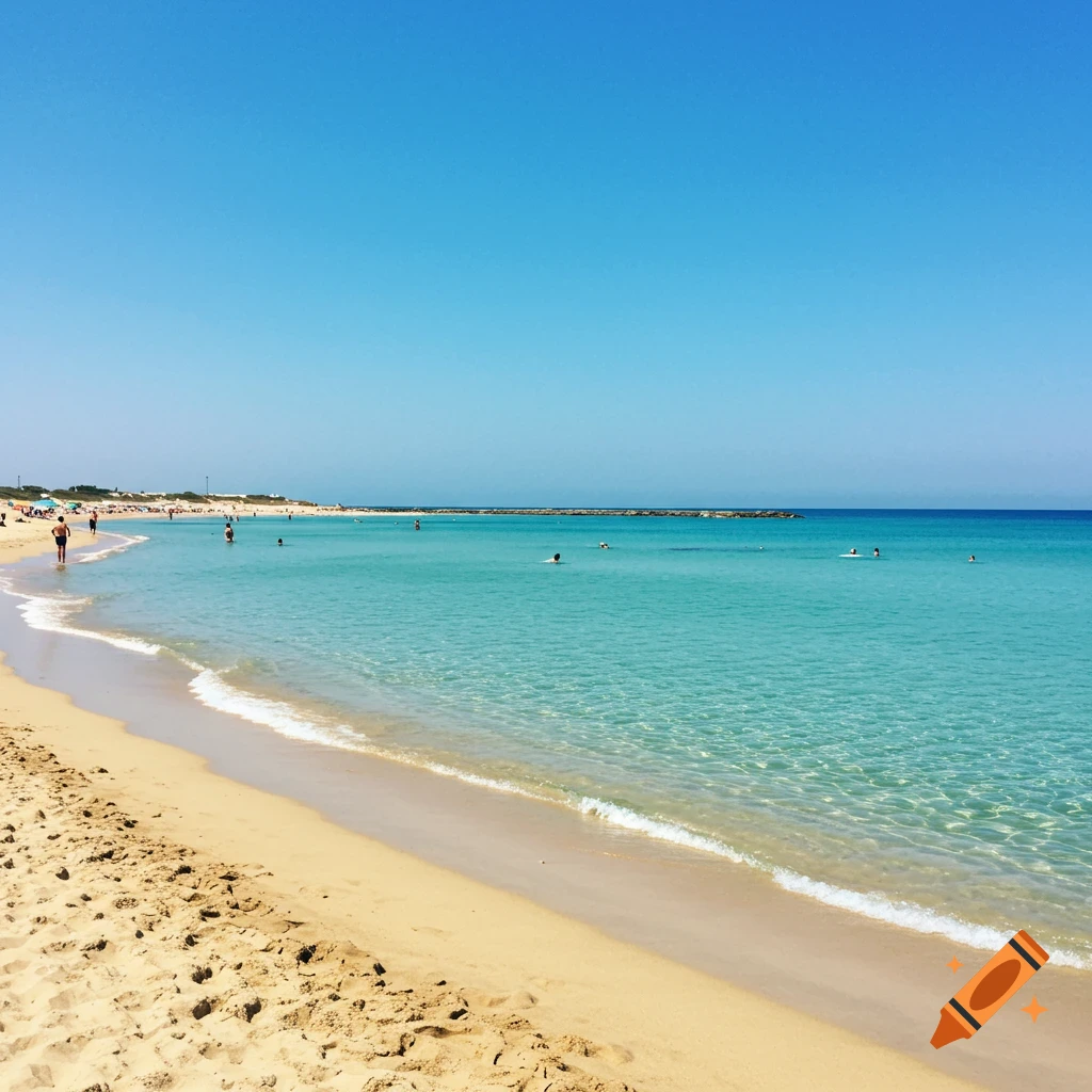 Photorealistic image of a sunny beach with clear blue water and people enjoying the sand and sea.