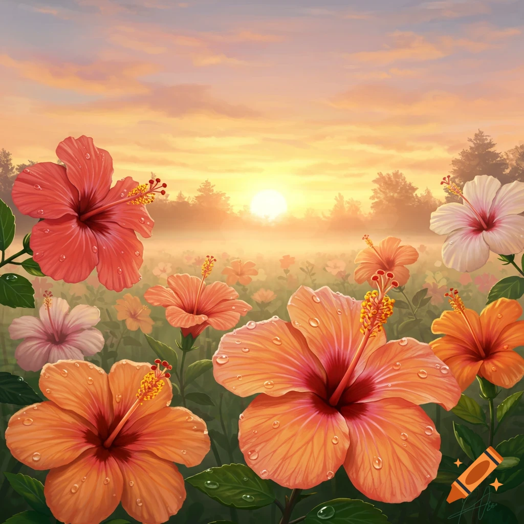 Detailed painting of hibiscus flowers with dew at sunrise over a misty field.