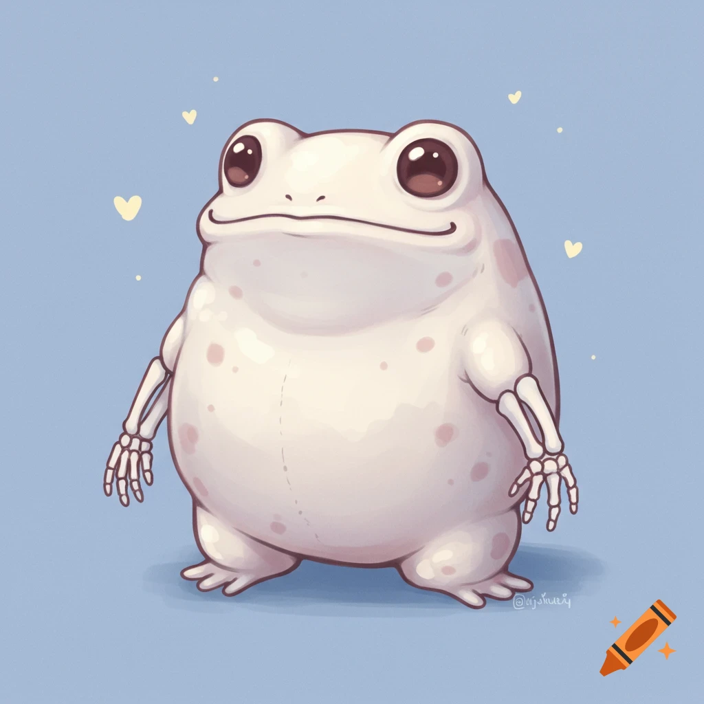 Illustration of a white frog with large eyes and skeleton arms on a blue background.