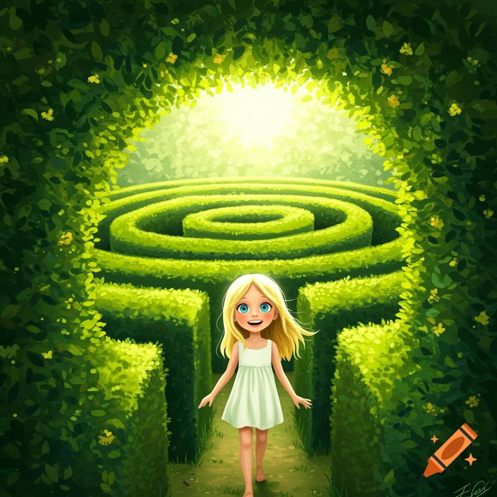 An illustration of a girl in a white dress standing at the entrance of a large green hedge maze.