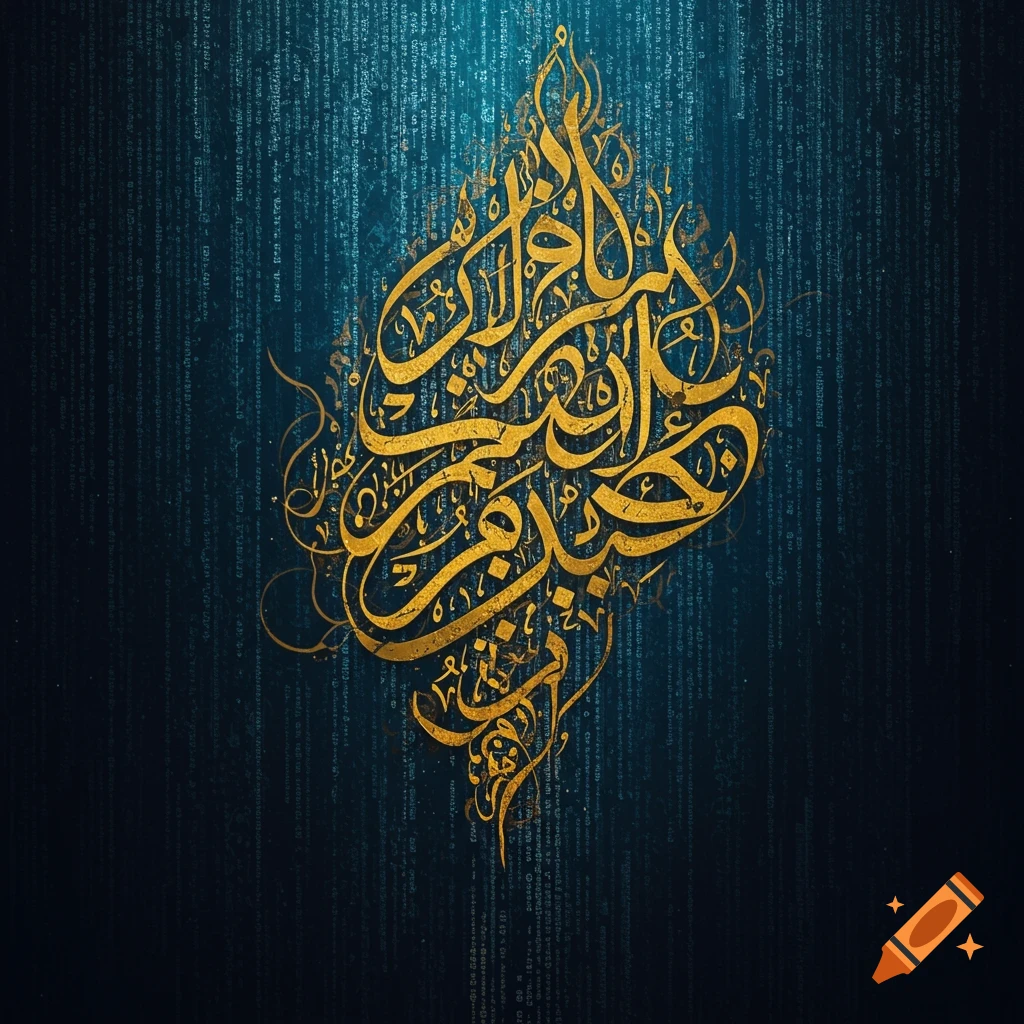 Golden calligraphy design on a blue background with matrix code effect.