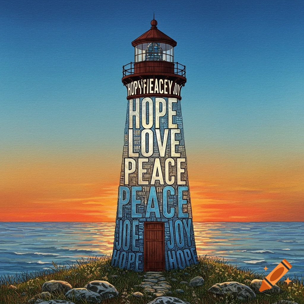 A lighthouse covered in words like HOPE, LOVE, PEACE, and JOY stands on a rocky coast at sunset.