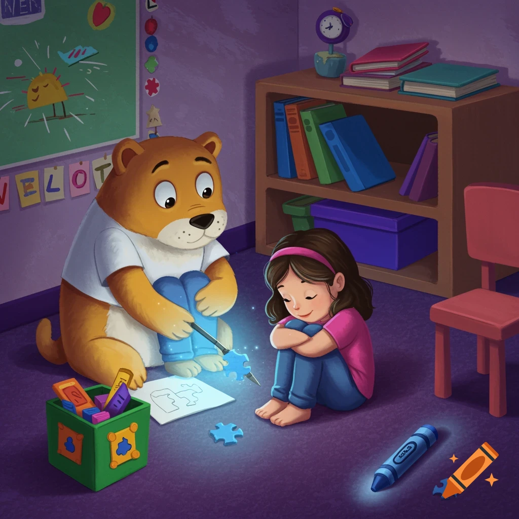 Cartoon illustration of a bear and a child looking at a glowing puzzle piece on the floor.
