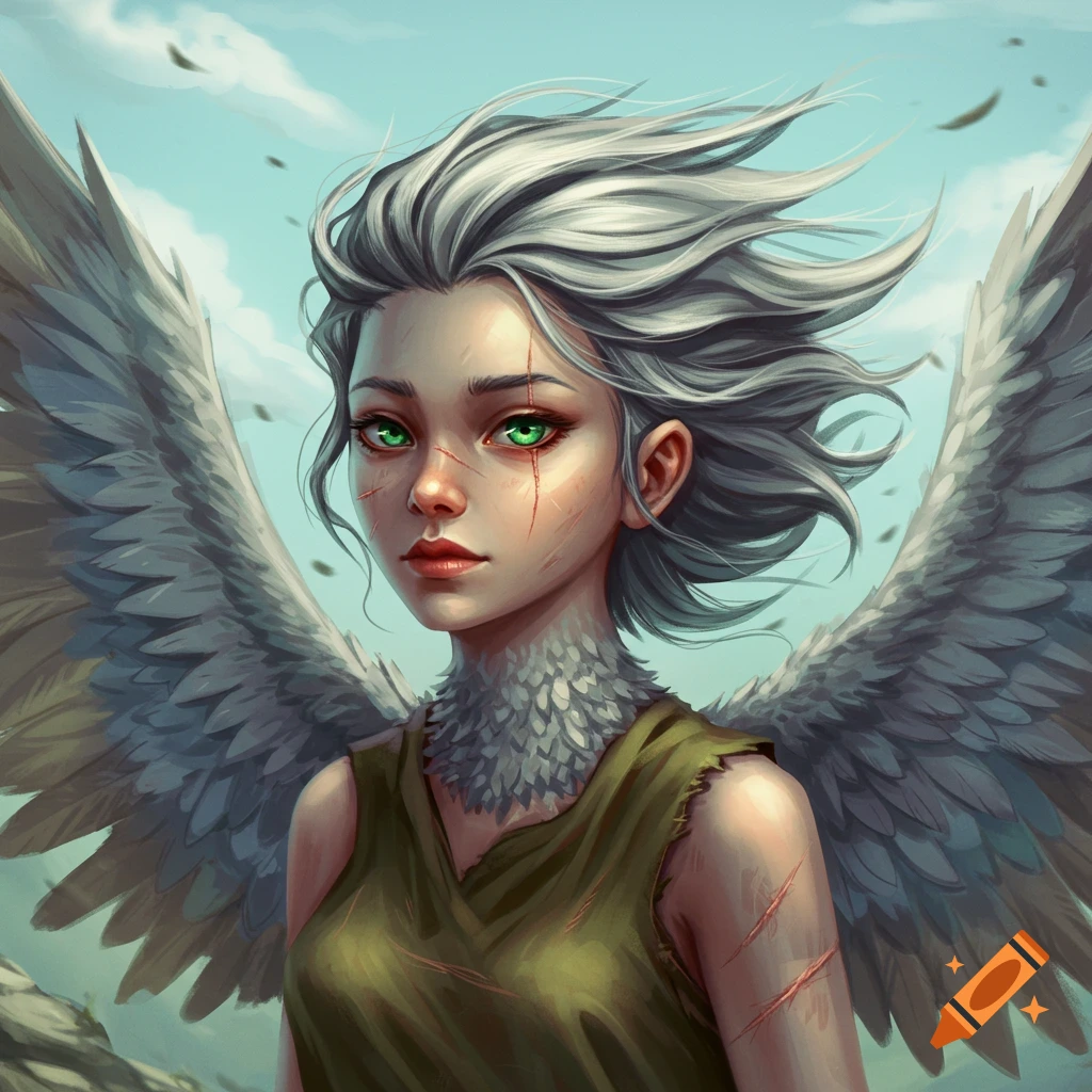 Portrait of a bird-girl hybrid with wings, gray hair, green eyes, and scars.