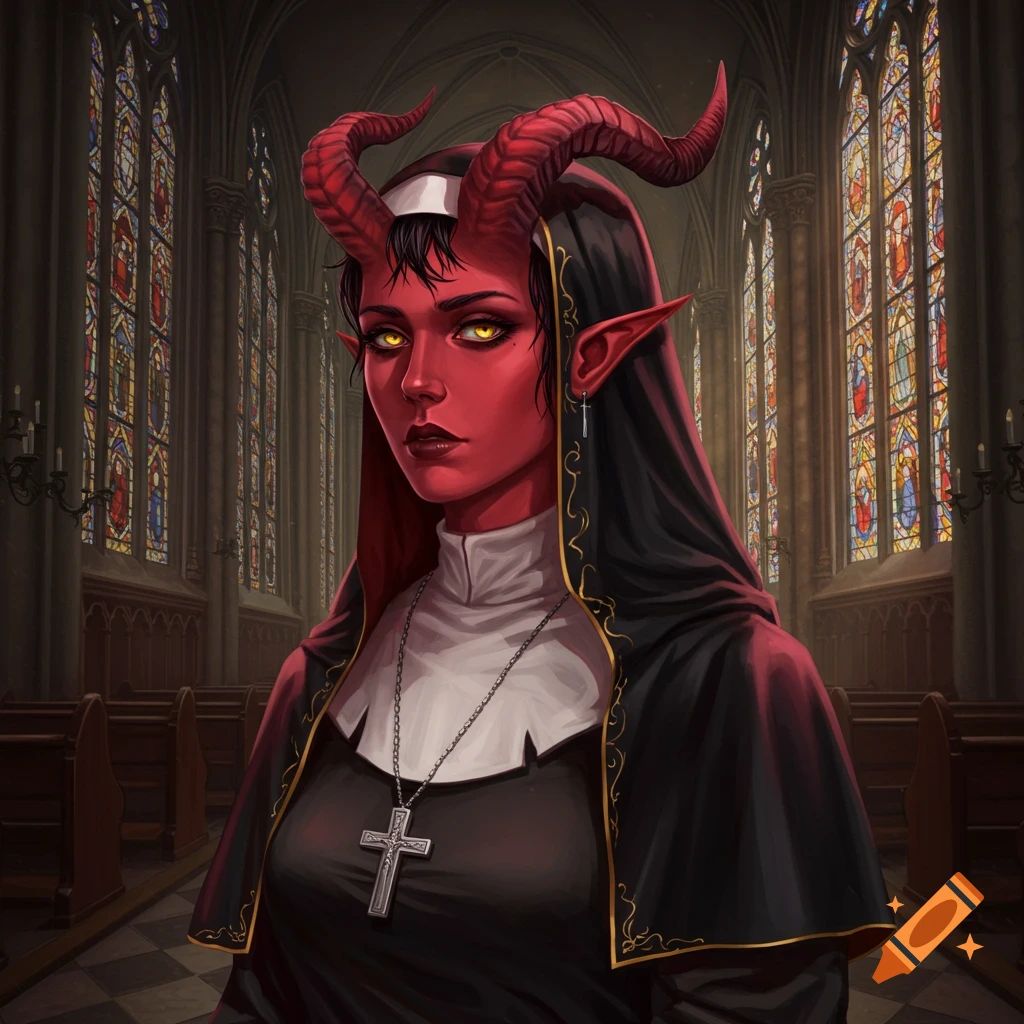 A tiefling in a nun's habit stands in a church with stained glass windows.